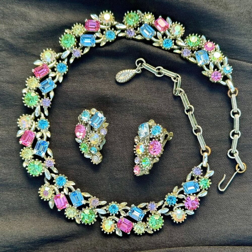 Vintage Signed Lisner Demi Parure Fruit Salad Rhinestone Necklace / Earrings